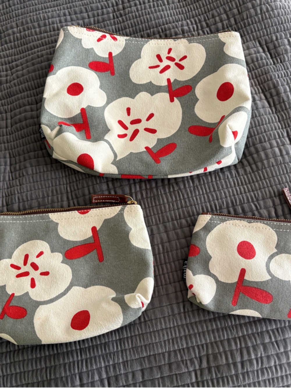 Maika Floral Cosmetic Bag Set in Gray, White & Poppy Red